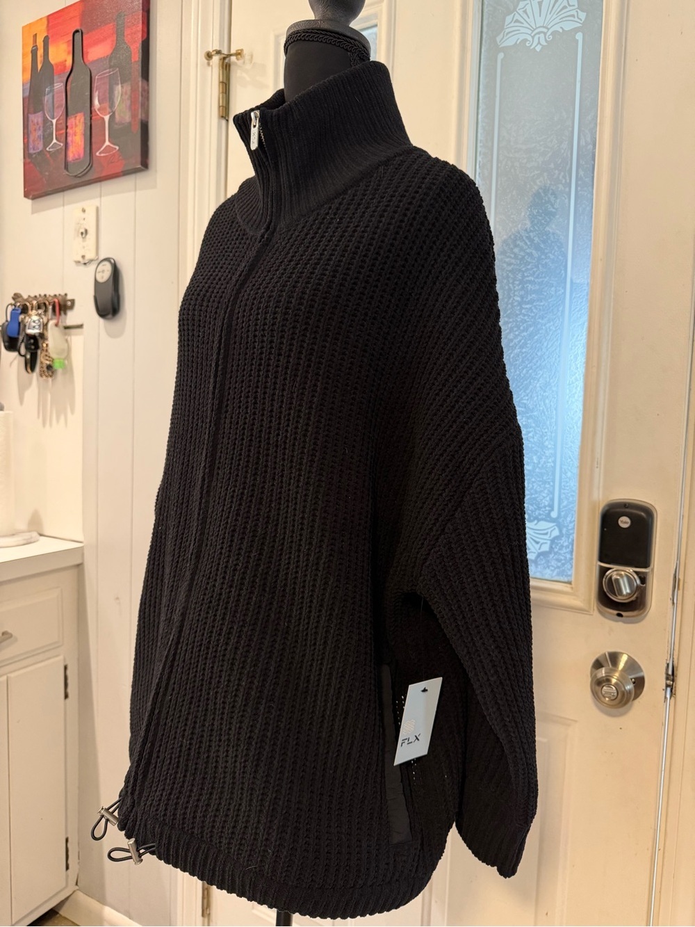 Black Ribbed Full-Zip Funnel Neck Sweater